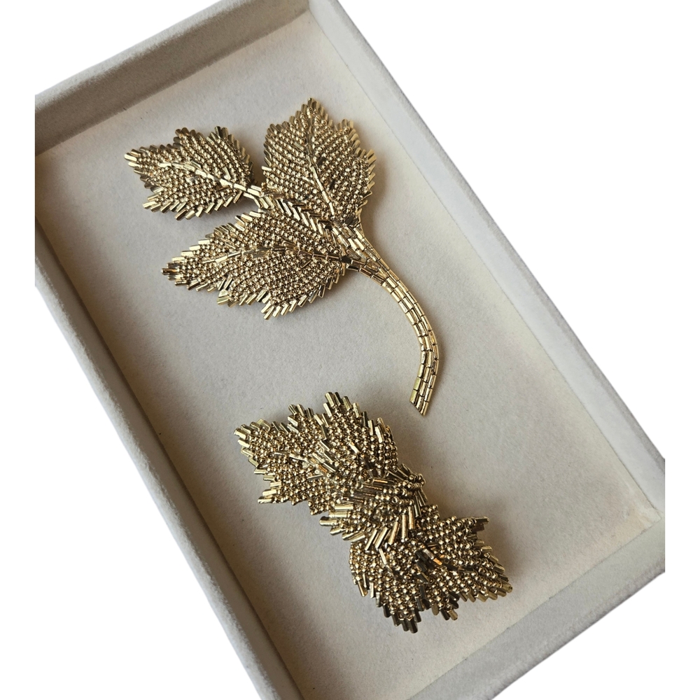 Vintage Unique Large Leaf Brooch & Hairclip Set - Made In France 20th Century